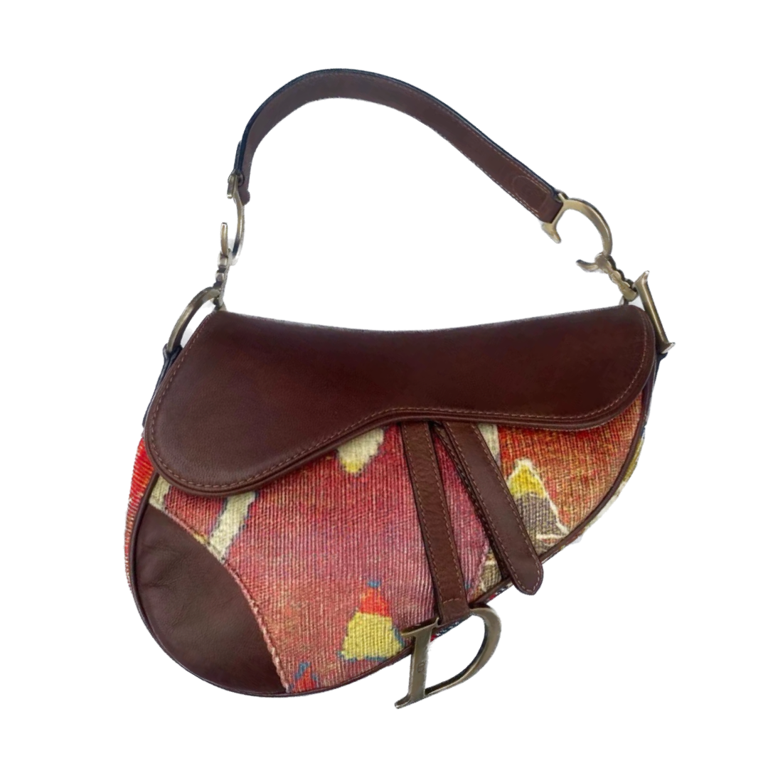 Dior Saddle bag   brown leather and printed velvet RARE