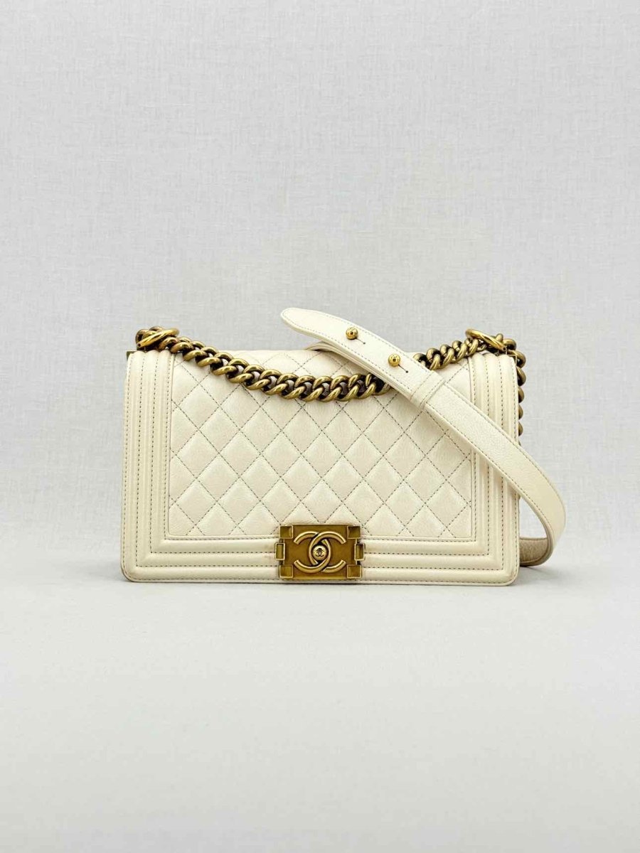 CHANEL Boy Beige Quilted Shoulder Bag