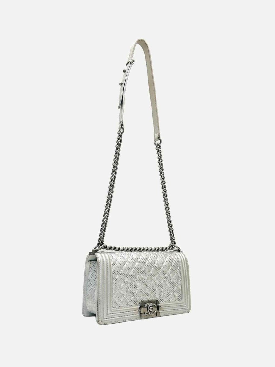 CHANEL New Boy Flap Silver Perforated Shoulder Bag