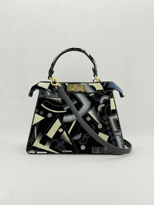 FENDI Peekaboo Navy Blue Printed Top Handle