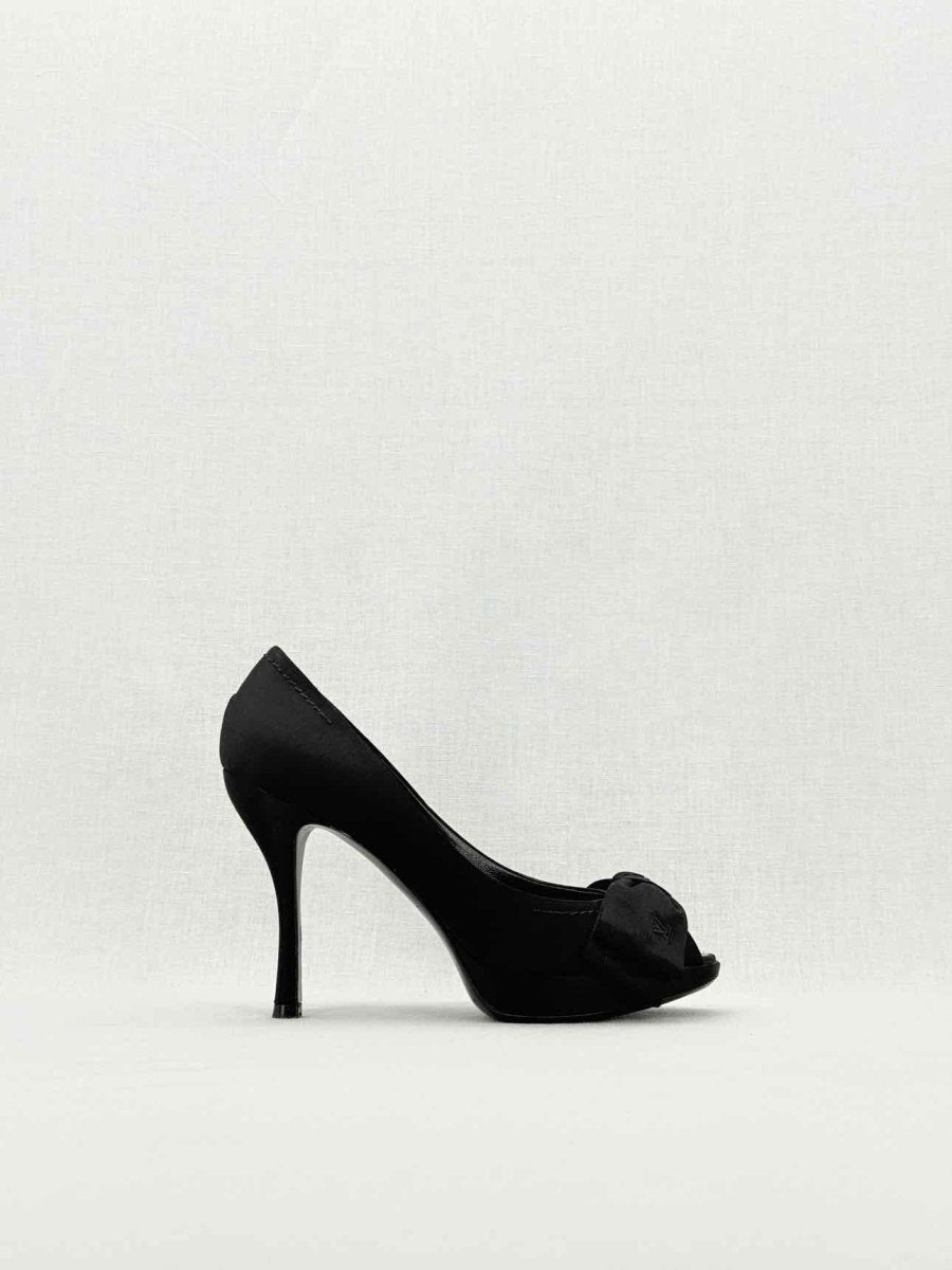 LOUIS VUITTON 95mm Open Toe Black Satin Pumps Size 37.5