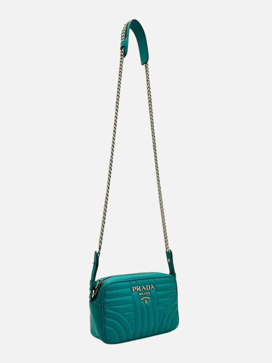 PRADA Diagramme Camera Turquoise Quilted Crossbody
