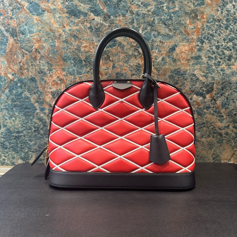 Louis Vuitton Alma Red Black Leather Quilted HandBag 31.5x23x15cm