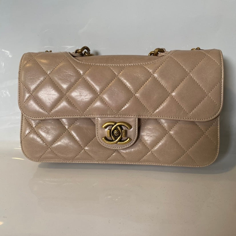 Chanel  Beige Quilted Oil Wax Bag - Classic Flap Shoulder Bag