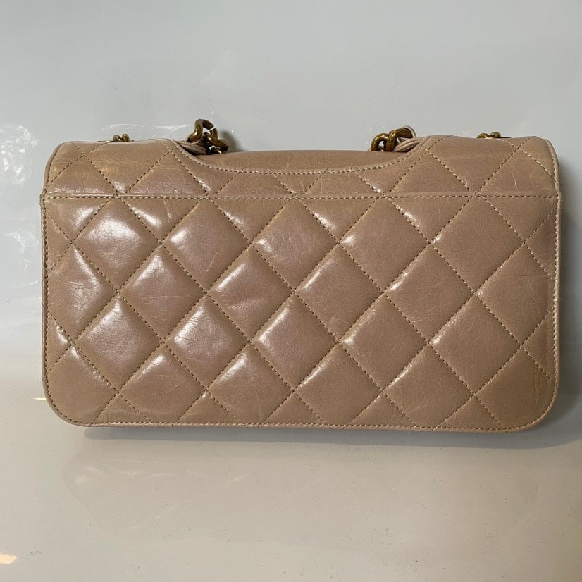 Chanel  Beige Quilted Oil Wax Bag - Classic Flap Shoulder Bag