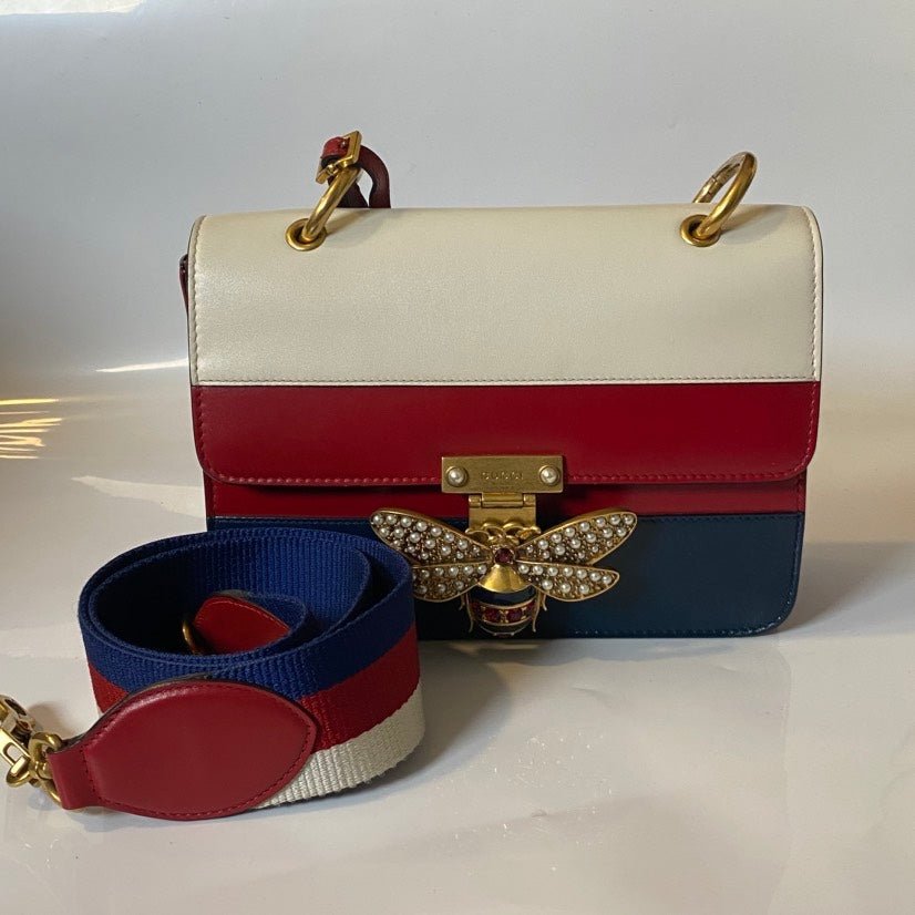 Gucci Sylvie Tricolor Top Handle Bag, Red/White/Blue, Leather