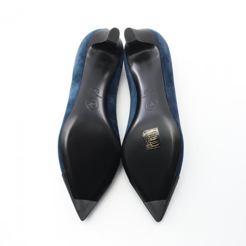 Chanel Coco Mark Signature Pointed Toe Pumps Suede Satin Dark Blue Black 890152 Condition S