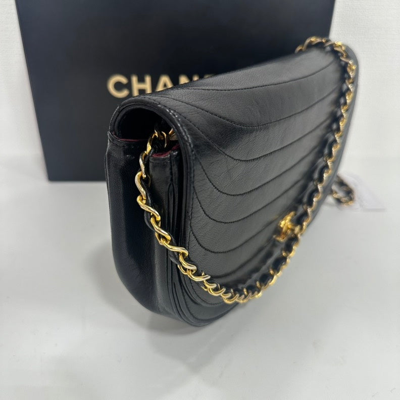 Chanel   Black Lambskin Half Moon Flap Chain Bag - Medium Size