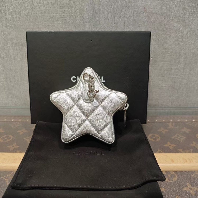Chanel Star-Shaped Silver Quilted Leather Bag Charm Coin Purse Small