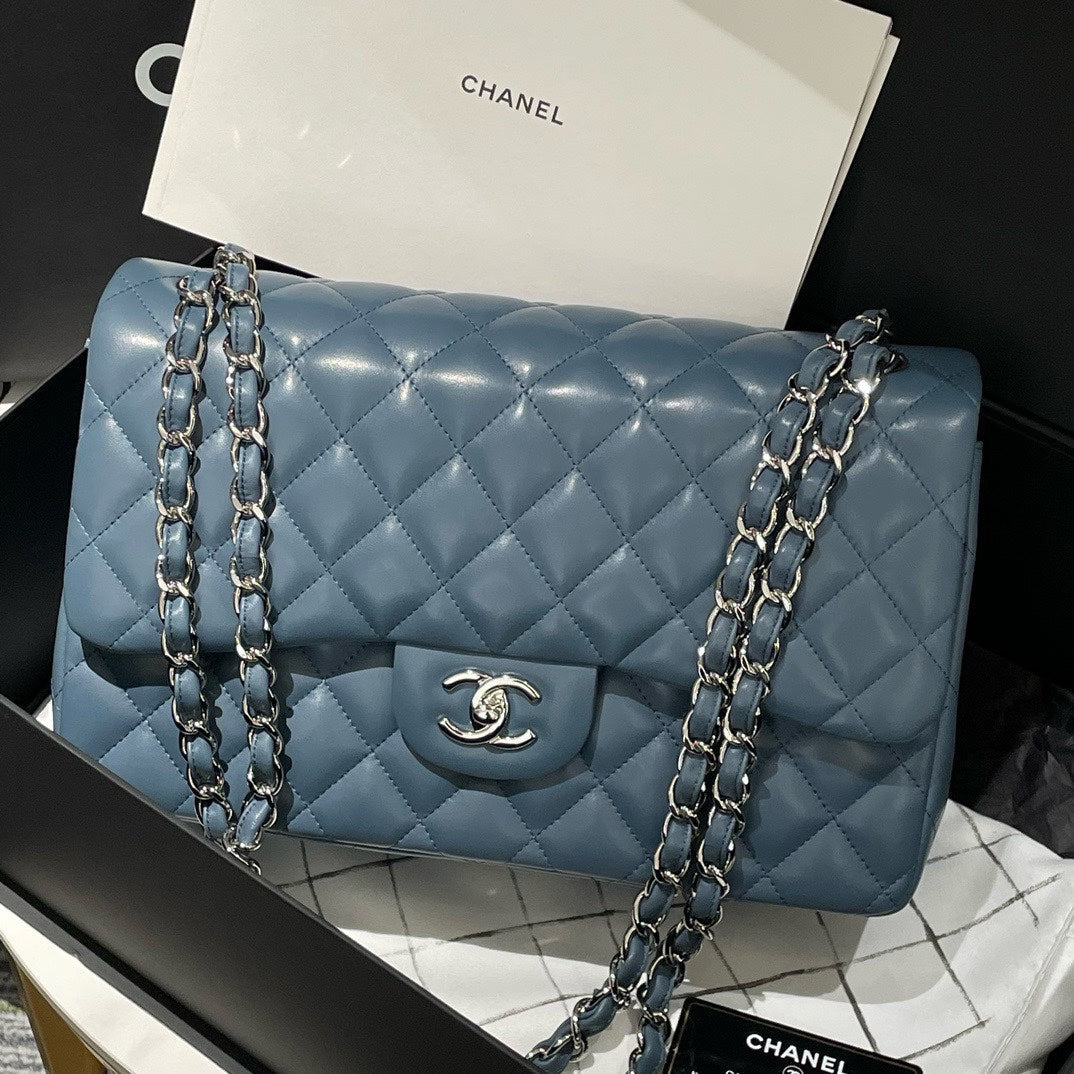 Chanel Classic Flap Jumbo Blue Leather Shoulder Bag - 99% New