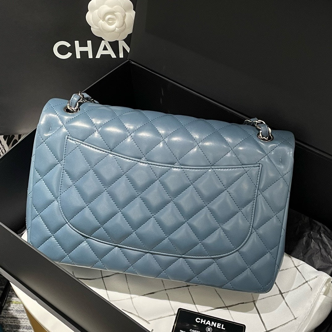 Chanel Classic Flap Jumbo Blue Leather Shoulder Bag - 99% New