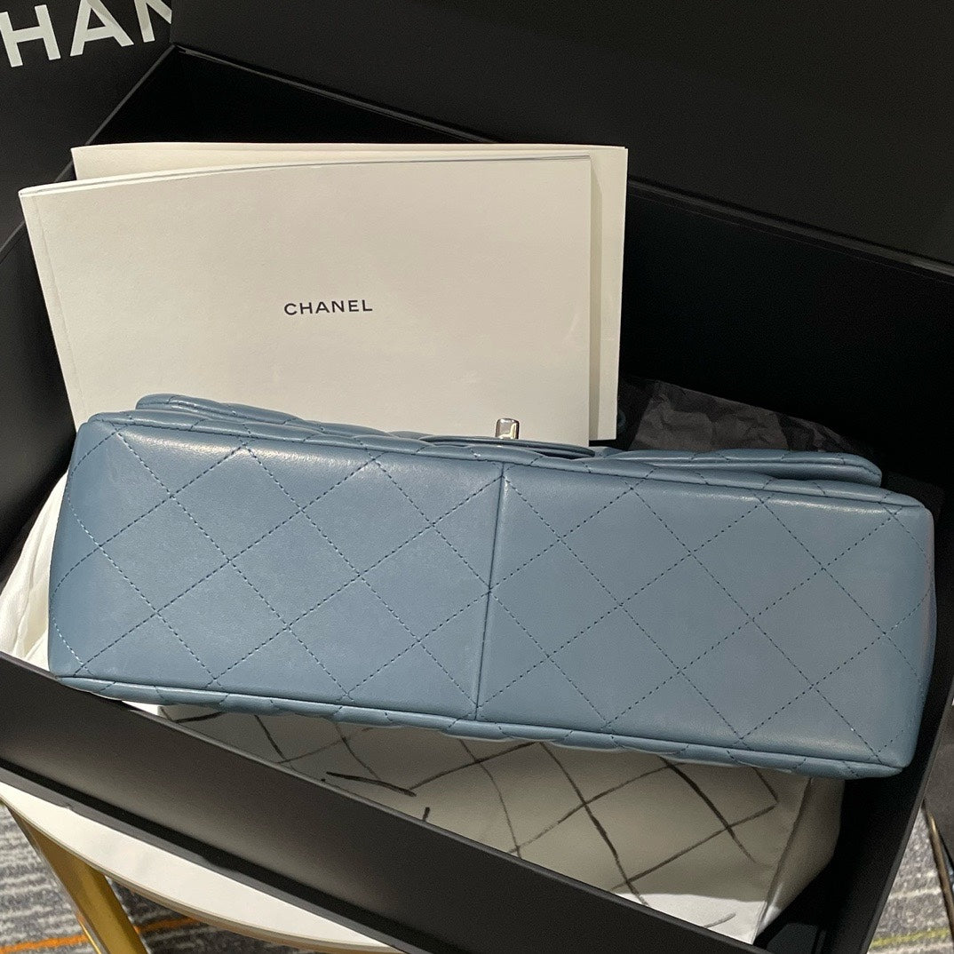 Chanel Classic Flap Jumbo Blue Leather Shoulder Bag - 99% New