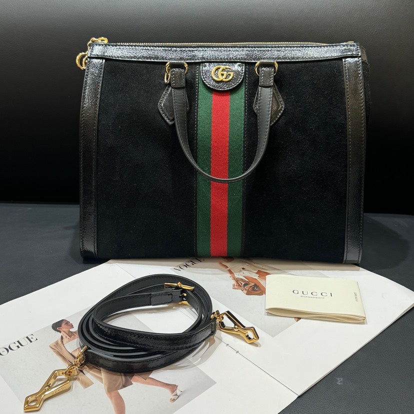 Gucci Black Suede Leather Stripe Tote Bag xxcm