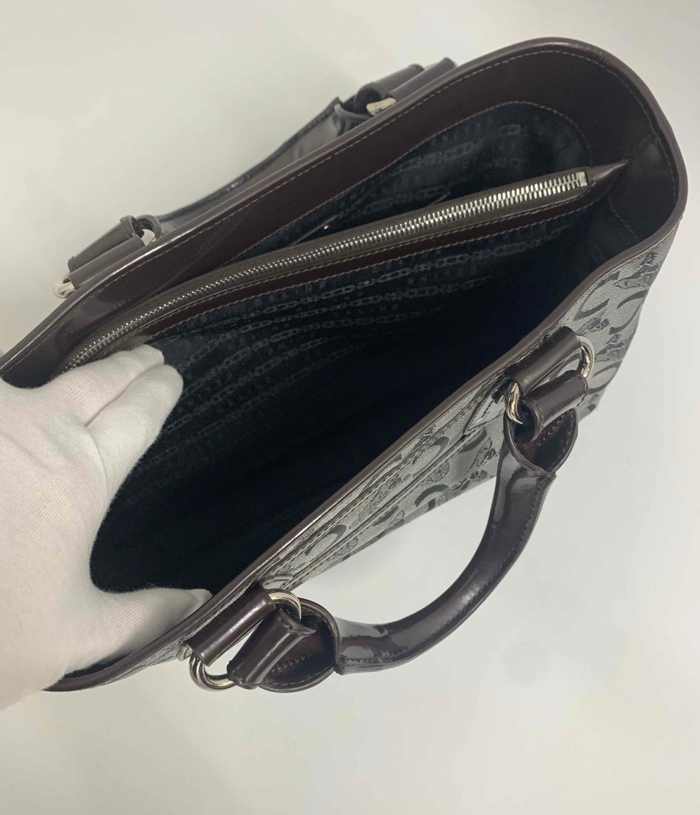 Luxury CELINE   Pattern Gray Canvas Top Handle Bag