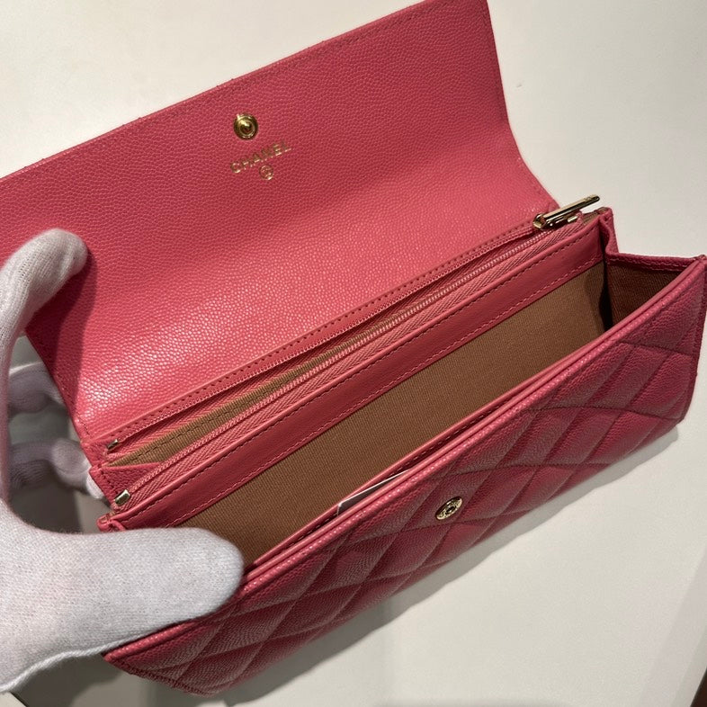 Chanel Quilted Pink Caviar Leather Long Wallet