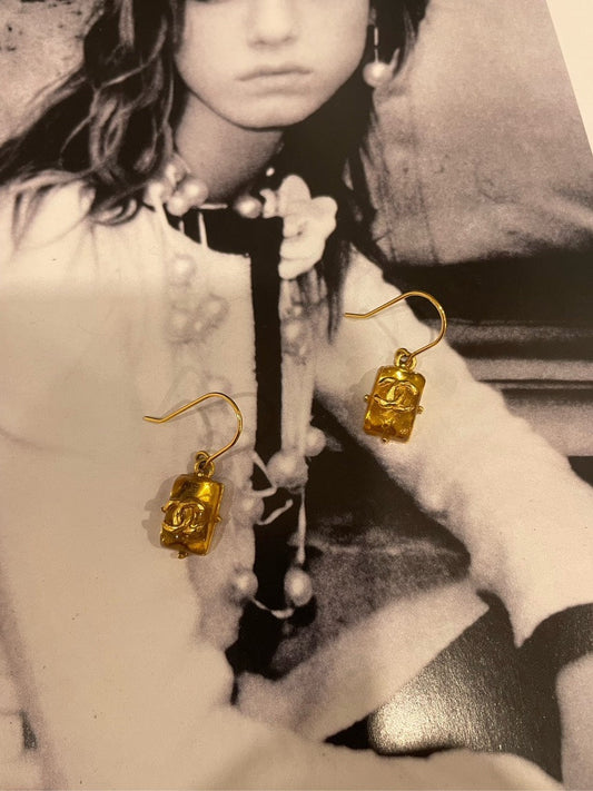 Chanel Acrylic Gold Glaze Square CC Drop Earrings