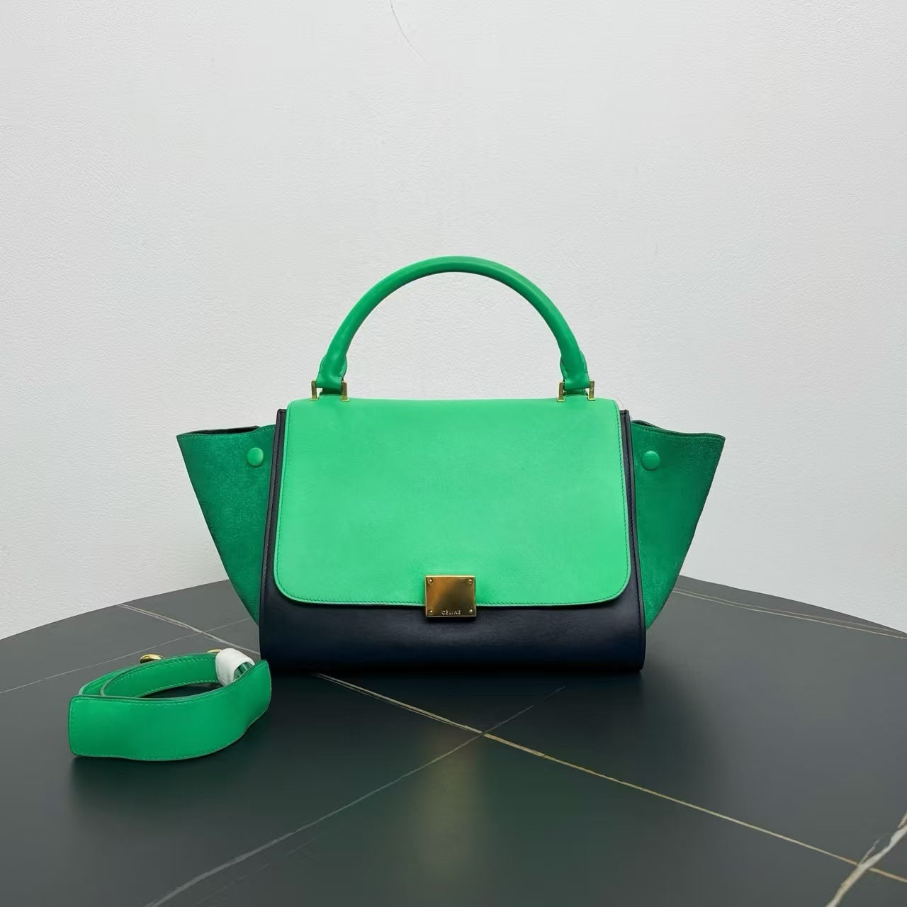 Luxury CELINE  Two-Way Bag in Green and Black Suede and Leather - Shoulder Bag