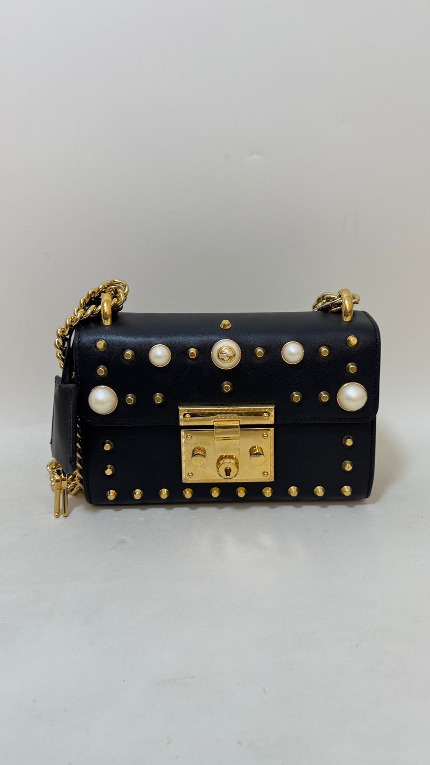 Gucci Black Padlock Shoulder Bag with Gold Studs