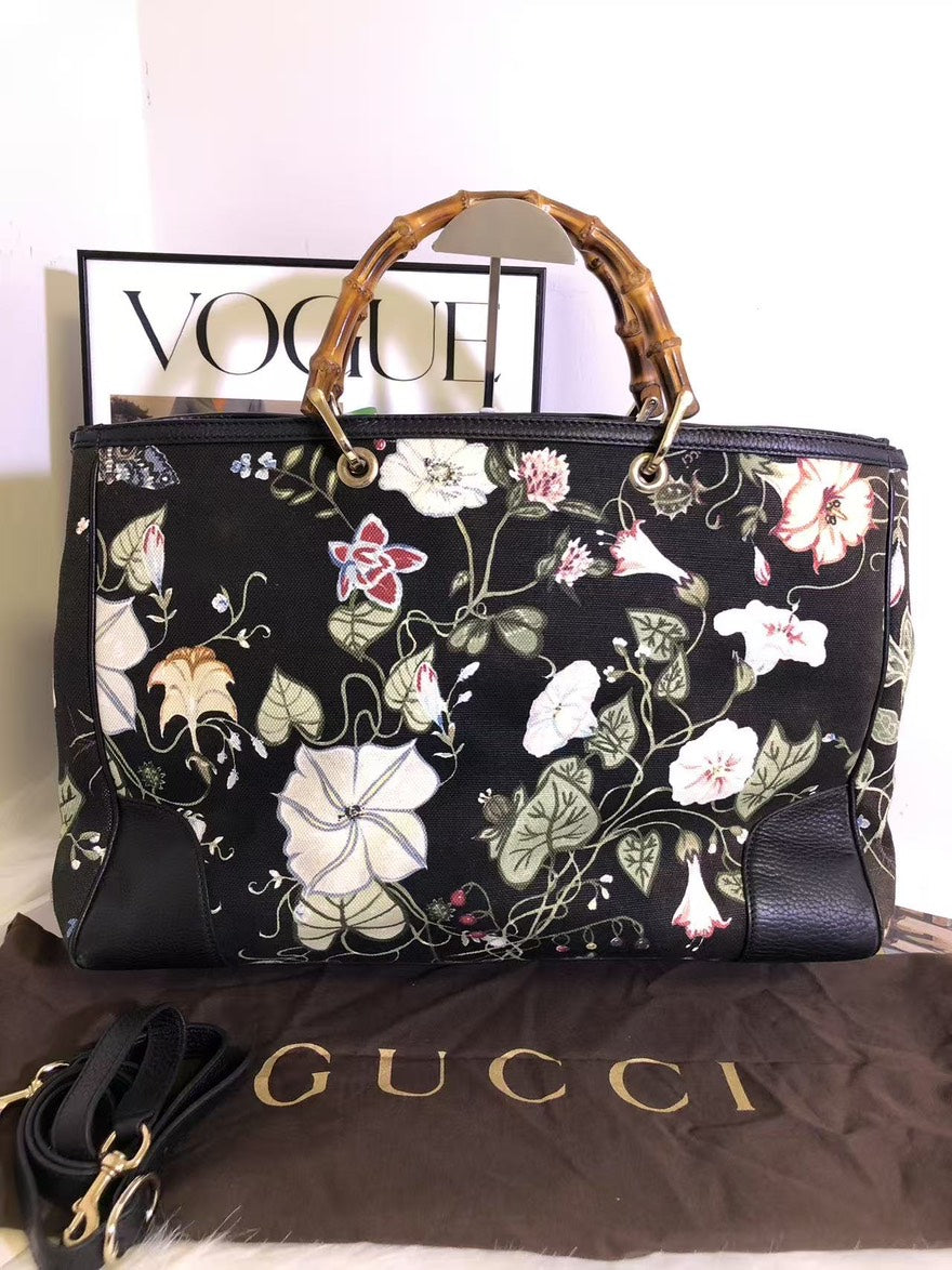 Gucci Flora Bamboo Handle Bag Black Floral Print Top Handle Bag