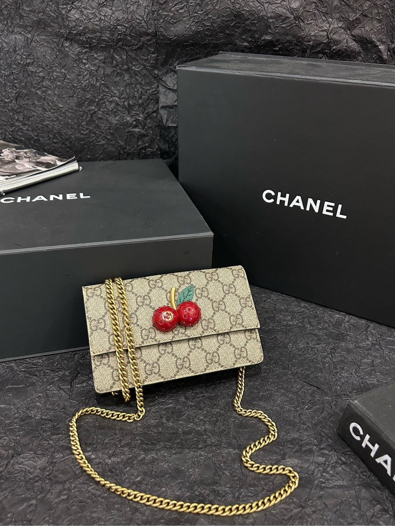 Gucci GG Canvas Cherry WOC Chain Bag Beige Crossbody