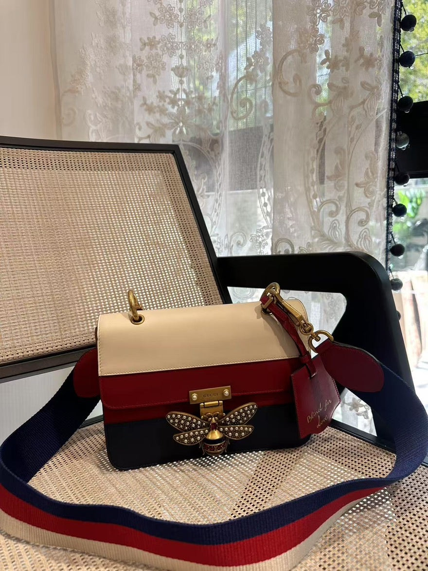 Gucci Sylvie Red Leather Shoulder Bag With Pearl Bee