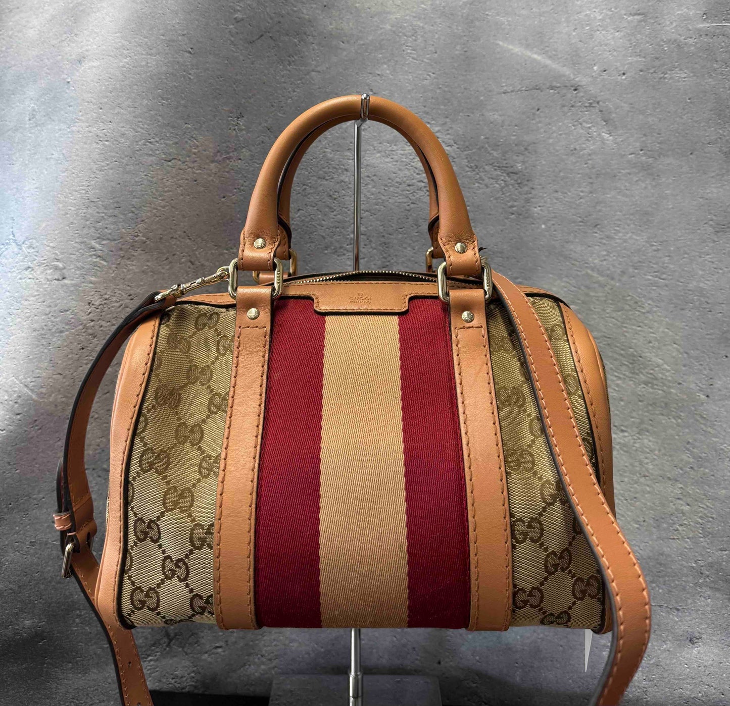 Gucci Stripe Boston Bag JZ   Beige/Red Canvas Satchel