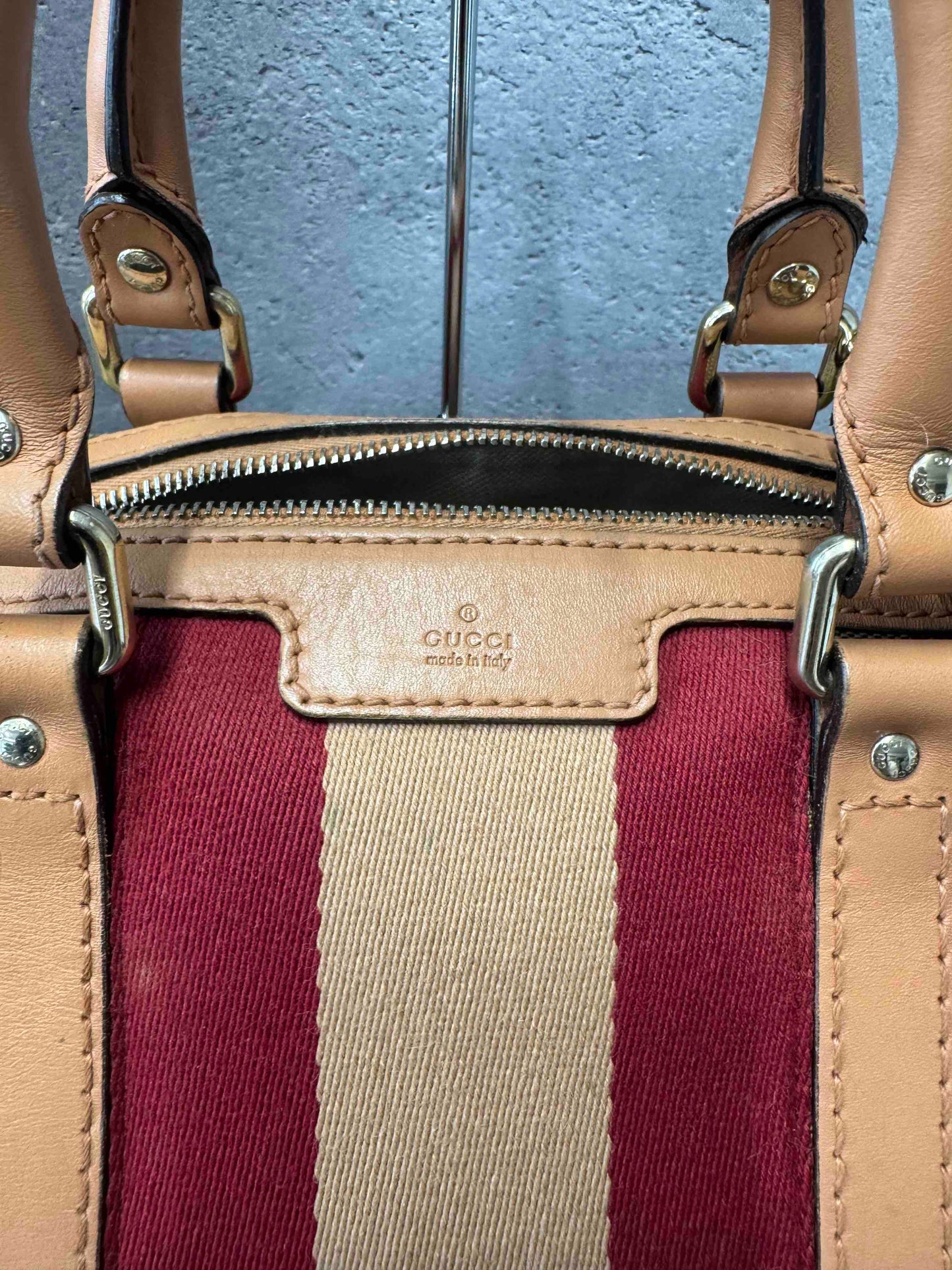 Gucci Stripe Boston Bag JZ   Beige/Red Canvas Satchel