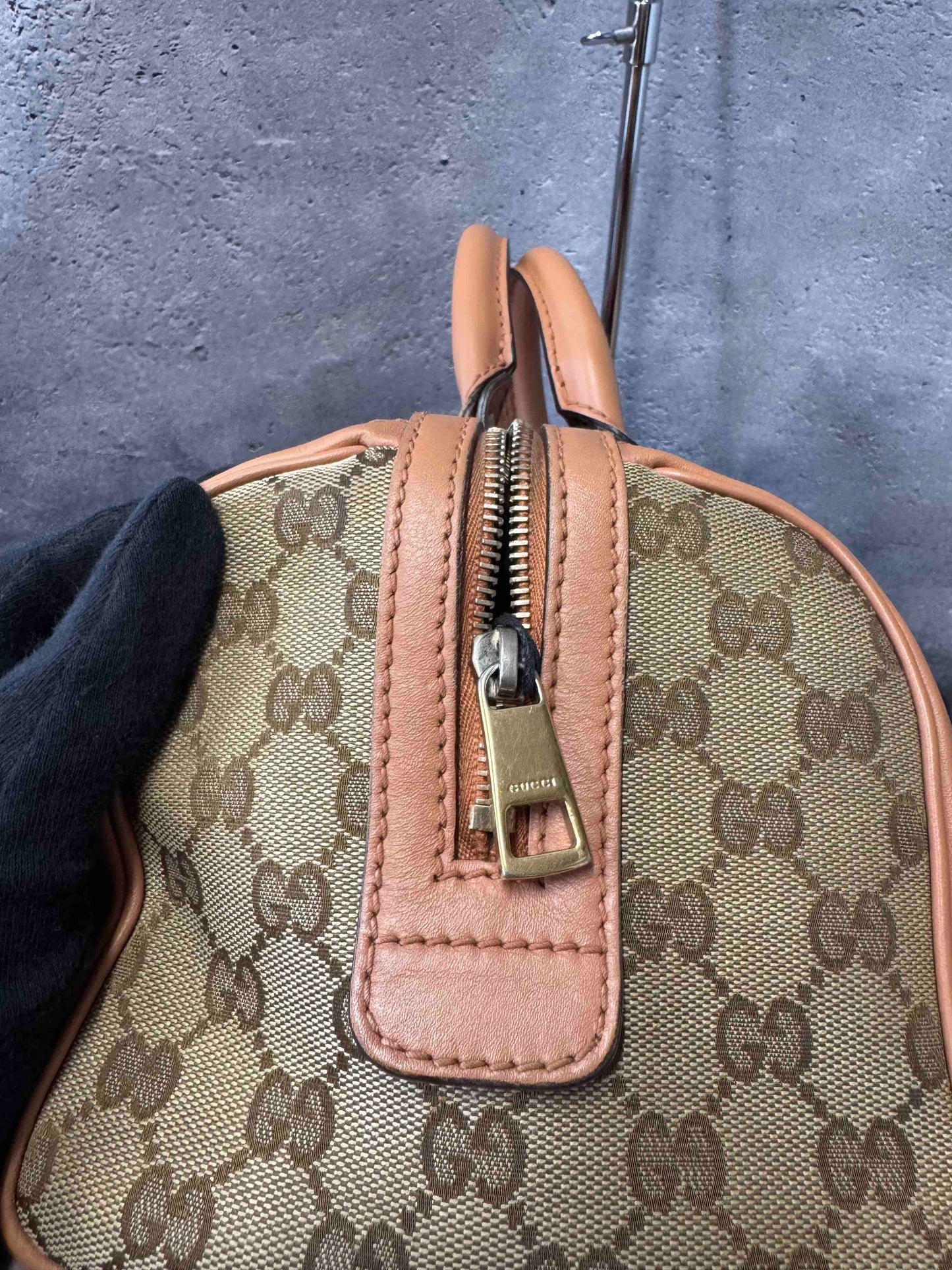 Gucci Stripe Boston Bag JZ   Beige/Red Canvas Satchel