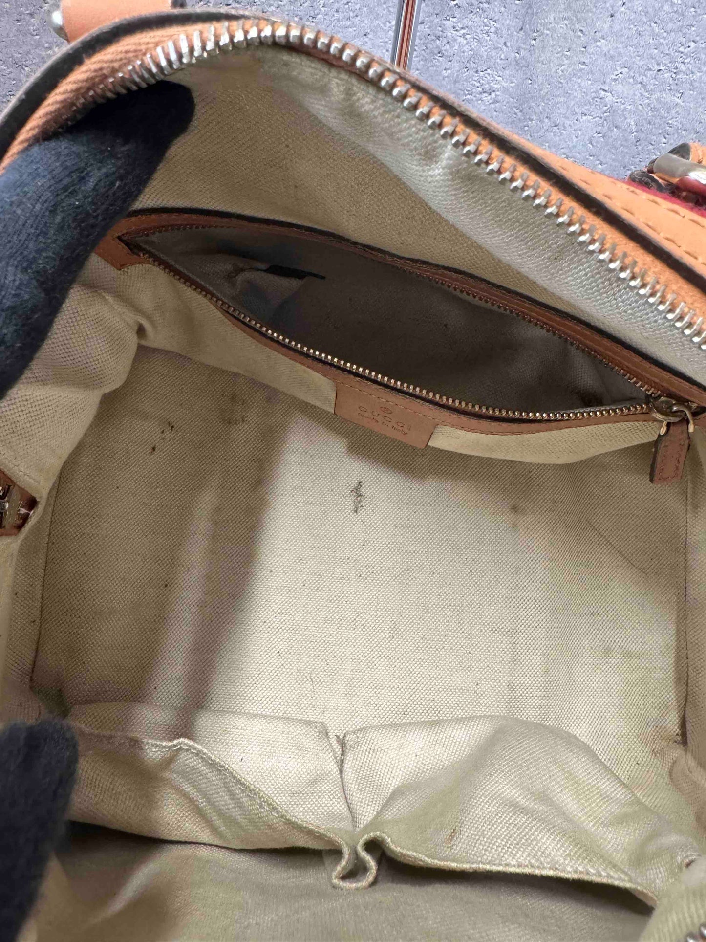 Gucci Stripe Boston Bag JZ   Beige/Red Canvas Satchel