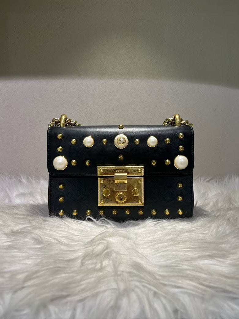 Gucci Black Leather Pearl Embellished Shoulder Bag