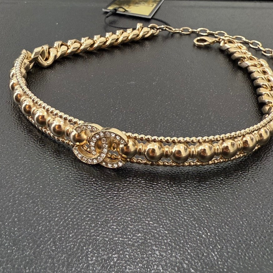 Chanel Coco Rhinestone Choker Necklace Gold