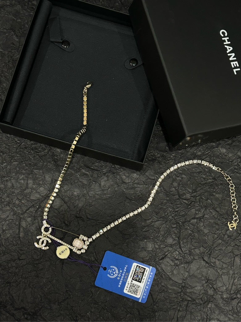 Chanel Pink Crystal Double C Brooch Choker Necklace 54cm