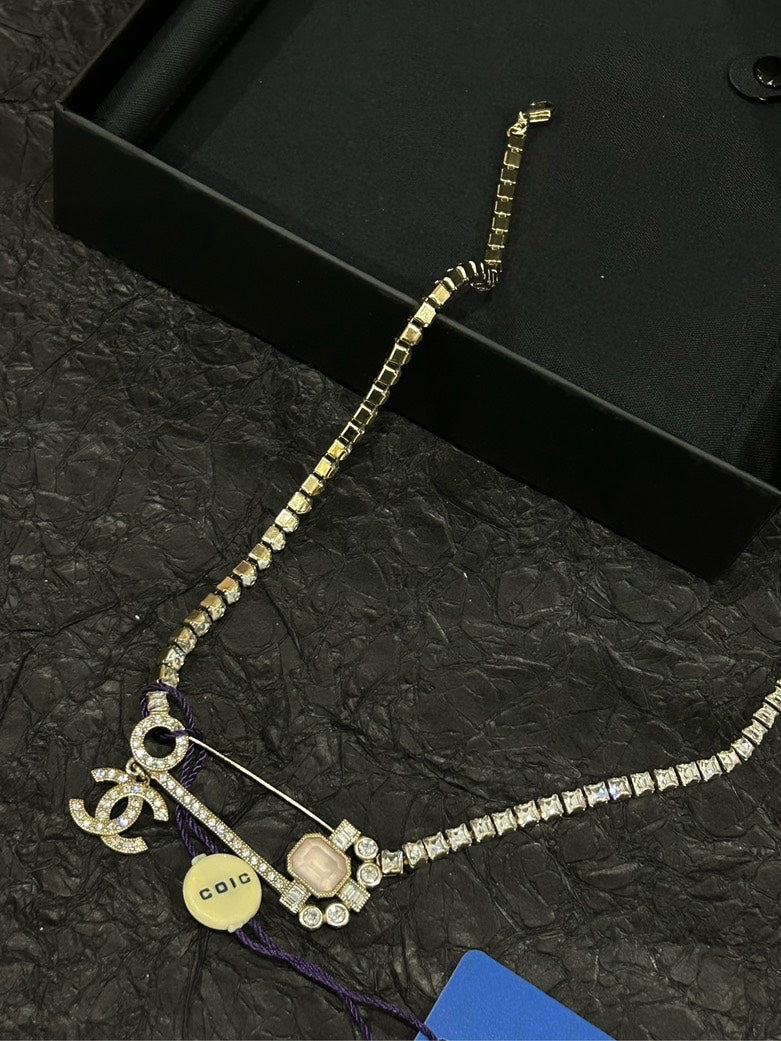 Chanel Pink Crystal Double C Brooch Choker Necklace 54cm
