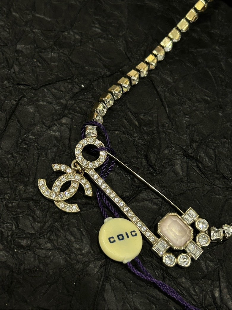 Chanel Pink Crystal Double C Brooch Choker Necklace 54cm