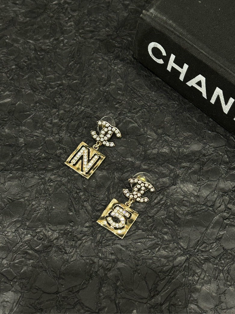 Chanel N5 CC Square Stud Earrings Diamond-Embellished Gold Earrings