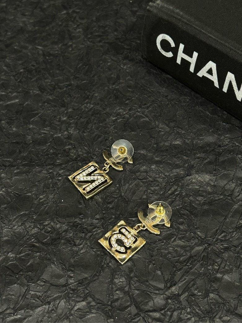 Chanel N5 CC Square Stud Earrings Diamond-Embellished Gold Earrings