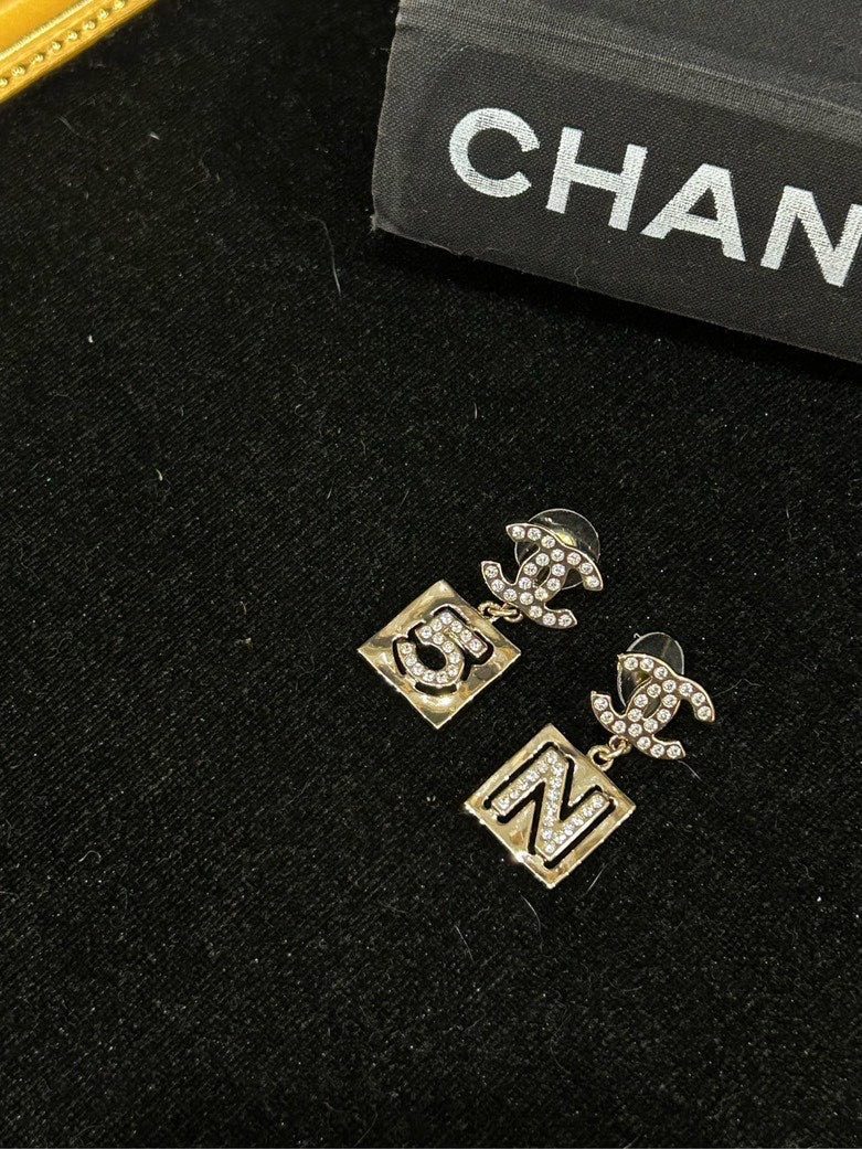 Chanel N5 CC Square Stud Earrings Diamond-Embellished Gold Earrings