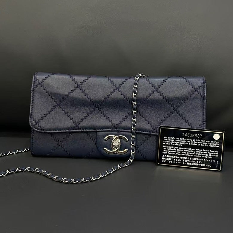 Chanel  Quilted Navy Blue Leather Wallet on Chain Bag