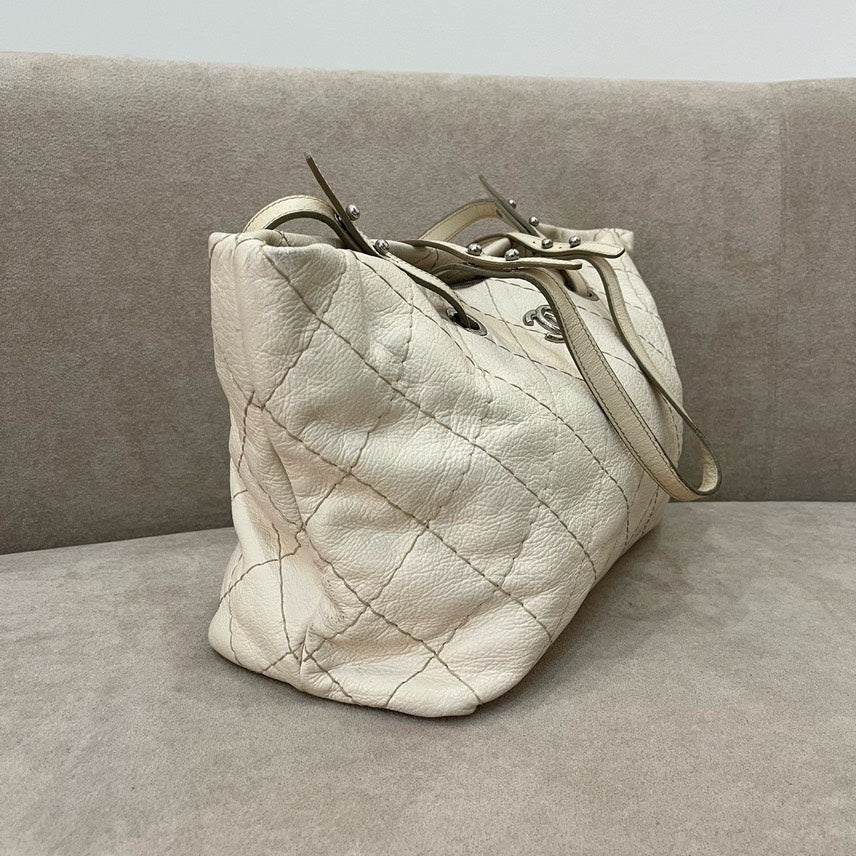 Chanel  Tote Bag Beige Leather Quilted
