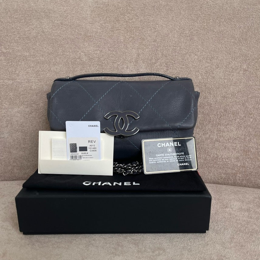 Chanel  Quilted Shoulder Bag in Gray Leather