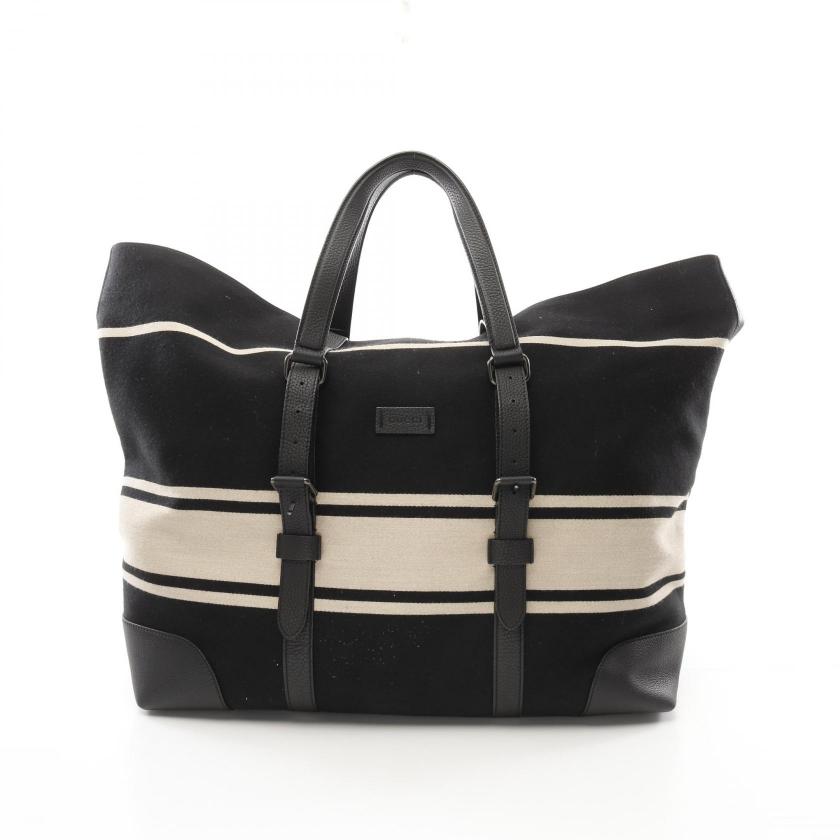 GUCCI Duffel Handbag Tote Bag Wool Leather Black Beige - Condition A