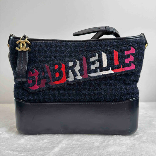 TT! Pre-Loved BJ110171805010 Chanel Gabrielle Bag Black Blue Wool Cowhide ShoulderBag