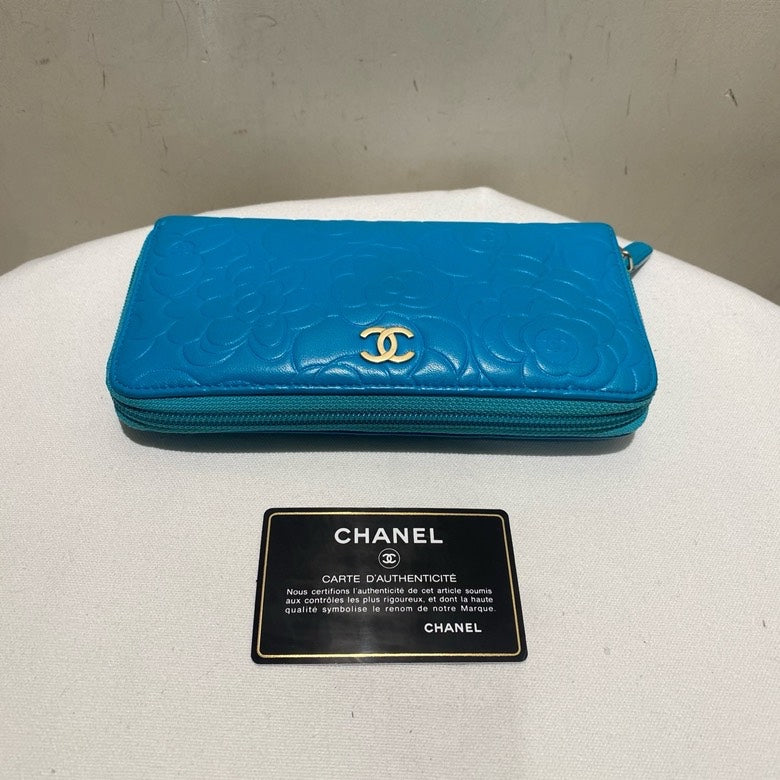 Chanel Camellia Embossed Blue Long Wallet with