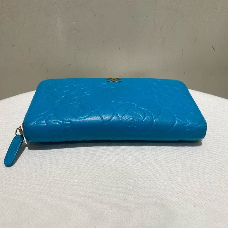 Chanel Camellia Embossed Blue Long Wallet with