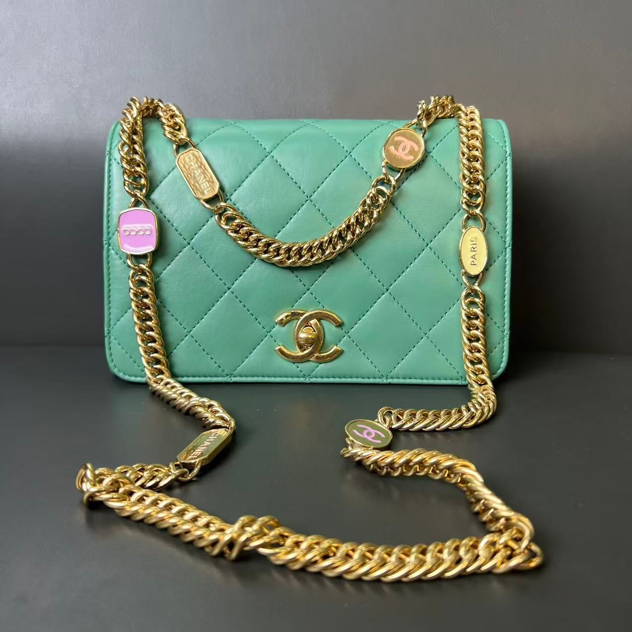 Chanel  CF Two-Way Bag Microchip 12438044 Green Leather Shoulder Bag