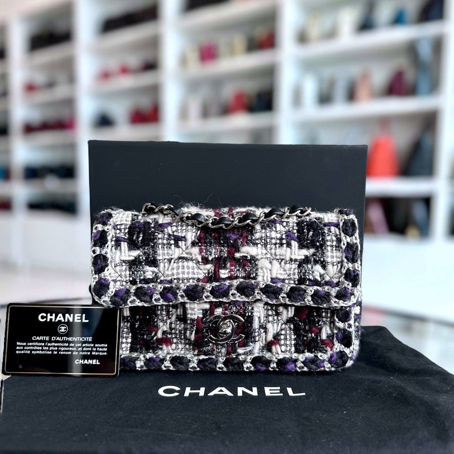 *Rare* Chanel Classic Flap Tweed - 20CM Mini Rectangle White Black SHW No 28