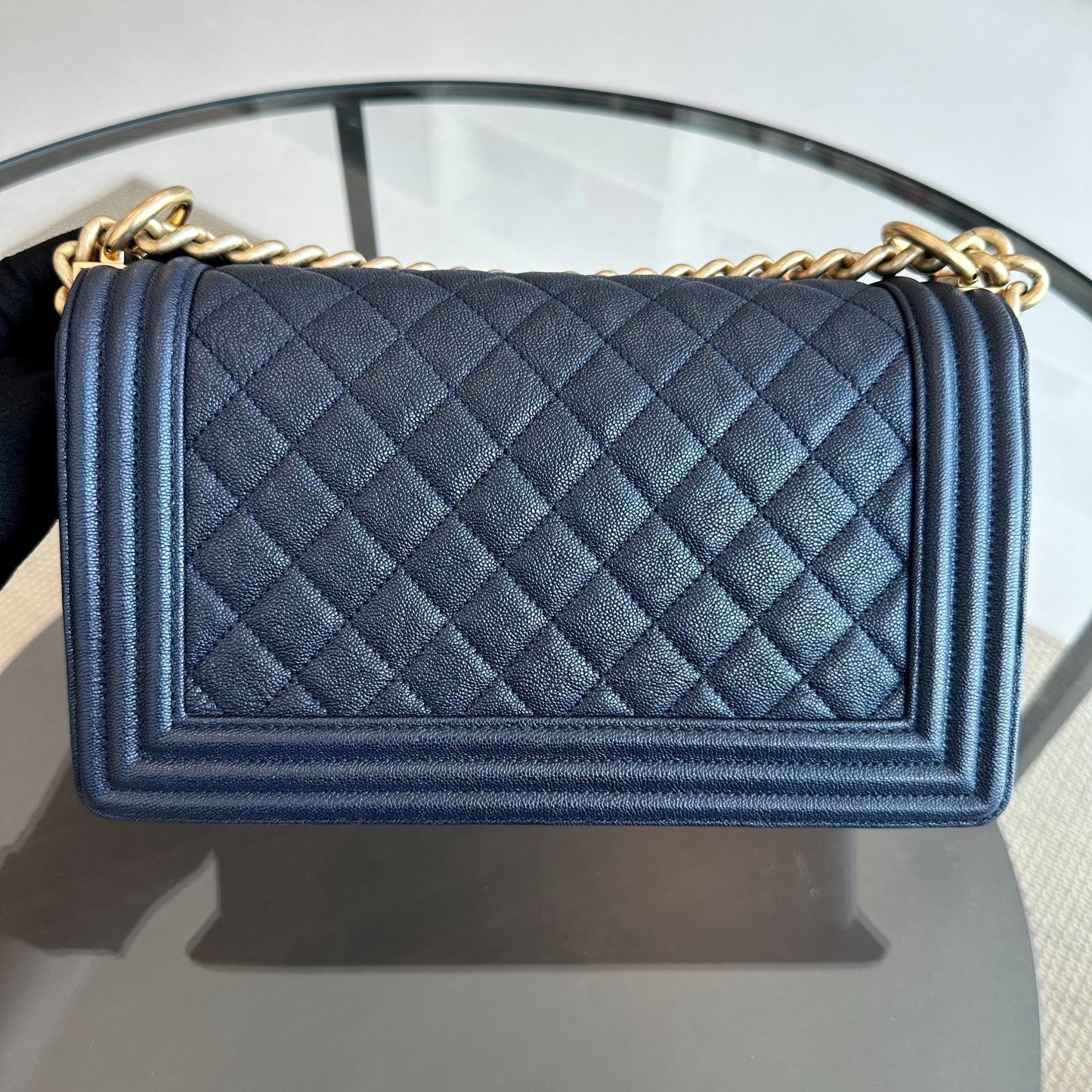*Receipt, Full Set, Like New, 2019* Chanel Boy Caviar Old Medium 25CM Quilted Leboy Dark Blue GHW No 27