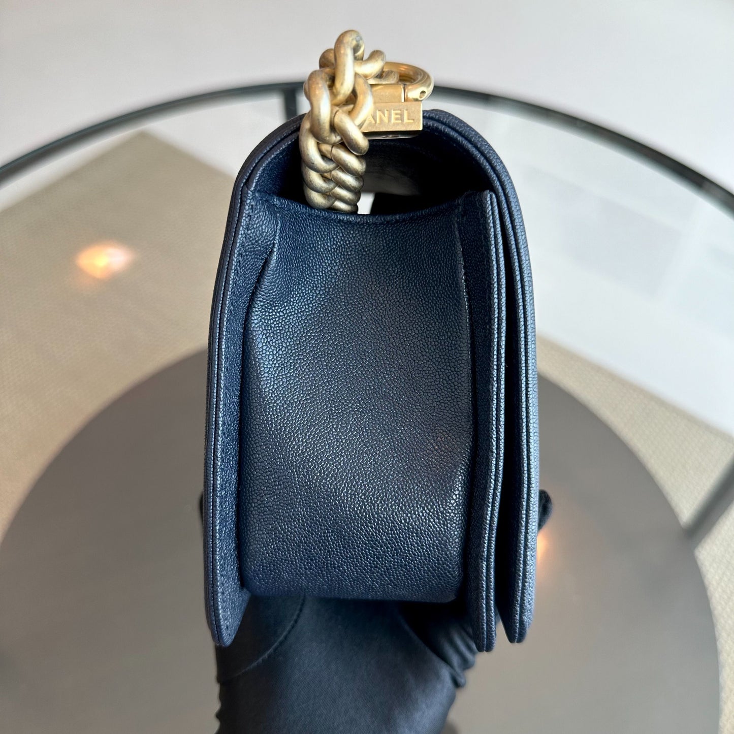 *Receipt, Full Set, Like New, 2019* Chanel Boy Caviar Old Medium 25CM Quilted Leboy Dark Blue GHW No 27