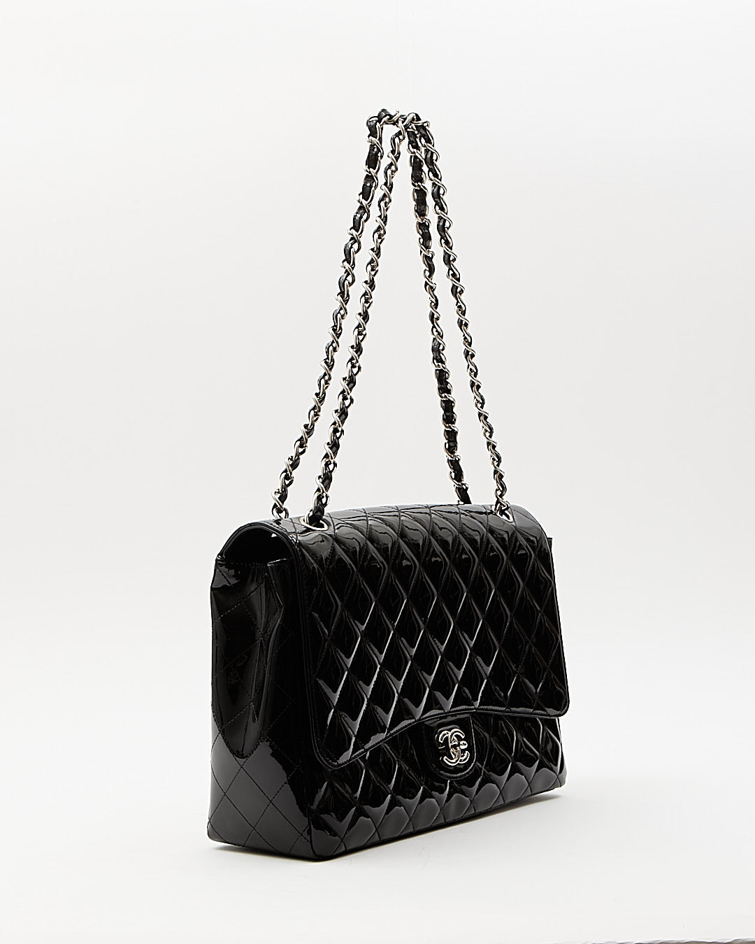 Chanel Black Patent Quilted Classic Single Flap Maxi Chain Bag