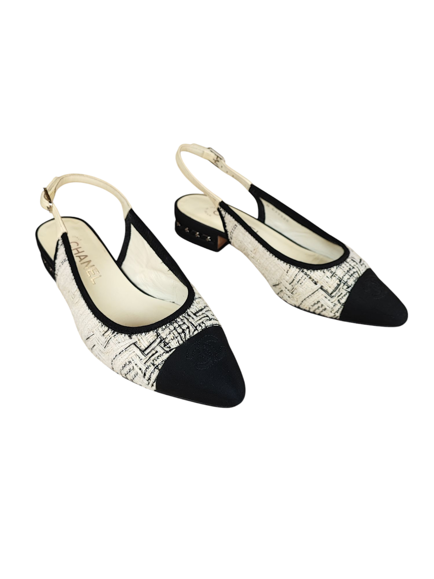 Chanel - Slingback Tweed blanc cassé T37 1/2
